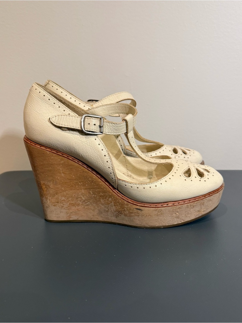Chole Cream Leather T-Strap Wedge Sandals